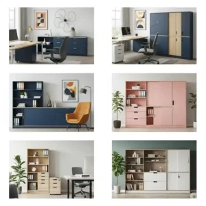 Illustration of a credenza office piece used in a collaborative workspace, providing shared storage and a communal surface for team meetings or project work.