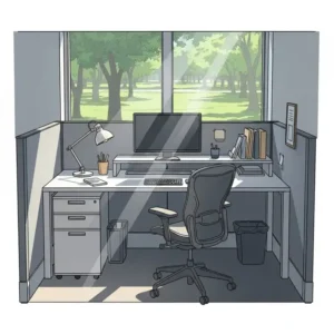 Illustration of a cube office desk positioned by a window, emphasizing the benefits of natural light in a workspace.