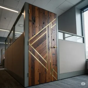 Example of a custom-designed office cubicle door with unique material and color choices.