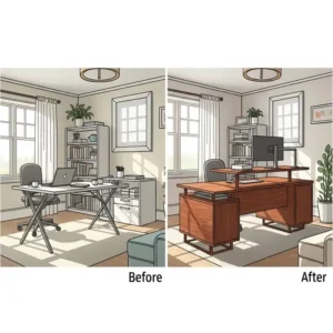 A side-by-side illustration demonstrating the transformative impact of adding a custom office desk to a home office.