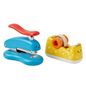 A coordinated set of cute office supplies, including a matching notebook, pen, and planner with a unified adorable theme.