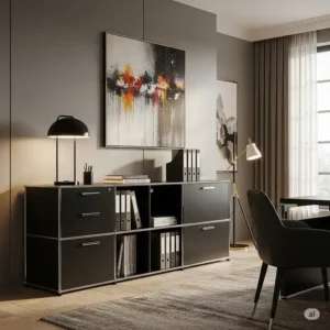 Stylish, designer modern office furniture file cabinets, blending sophisticated aesthetics with practical storage solutions for upscale interiors.
