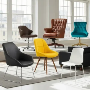 A collection of diverse office accent chairs, showcasing various styles, colors, and materials suitable for different office decors.