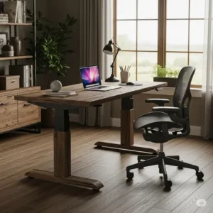 An ergonomic setup featuring an adjustable-height rustic office desk for comfortable work.