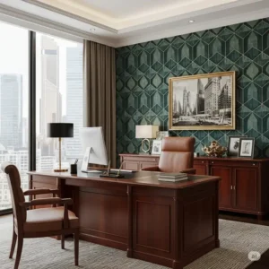 Elegant executive office adorned with a luxurious, high-end wallpaper, exuding sophistication in the office decor.
