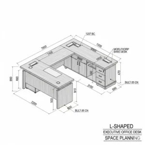 Technical drawing illustrating the precise dimensions and layout of an L-shaped executive office desk for space planning.