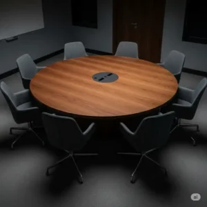 Spacious large round office table designed to comfortably seat eight people, promoting inclusive discussions.
