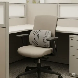 An ergonomic lumbar support cushion attached to an office chair, highlighting an essential office cubicle accessories for enhancing comfort and back health in a cubicle environment.