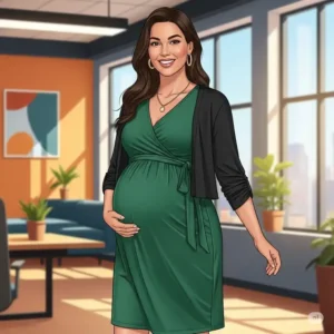 Illustration showcasing a comfortable and stylish maternity plus size office dress, designed for expecting professionals.