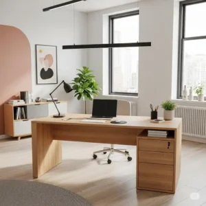 A contemporary office interior featuring a minimalist wood for office desk, demonstrating its seamless integration into a modern and productive workspace.