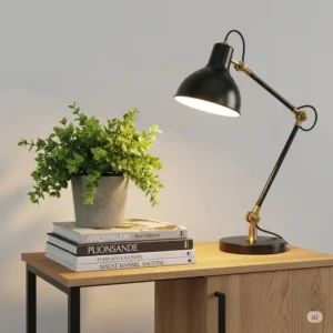 Beautifully styled office side table featuring decorative elements like a plant, books, and a lamp, enhancing workspace aesthetics.