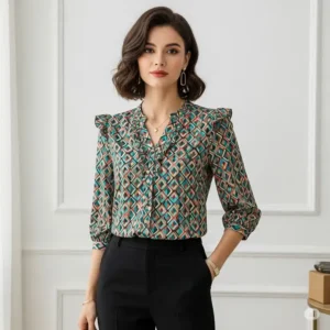 Stylish patterned office blouse for women, bringing personality to professional ensembles.