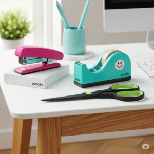  Assortment of Poppin desk accessories like staplers, tape dispensers, and scissors, adding functionality and style to your poppin office supplies.
