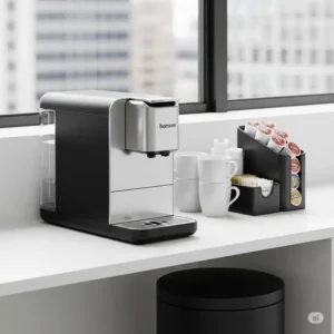 A compact and efficient office coffee brewers setup ideal for small businesses or shared workspaces, showcasing space-saving design.