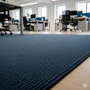 Thick, sound-dampening office rug helping to reduce noise levels in a busy professional environment.