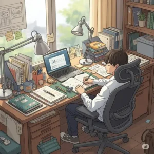 Illustration of a student's study office desk with a chair, complete with books and study materials, suitable for a learning environment.