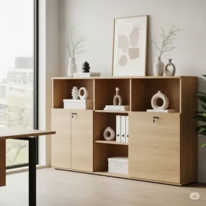 A stylish office cabinet storage unit seamlessly integrated into modern office decor, blending functionality with aesthetic appeal.