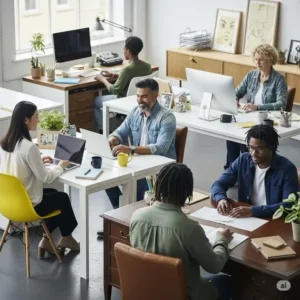 Diverse team members working comfortably at various styles of office desks discount, all part of a sale.
