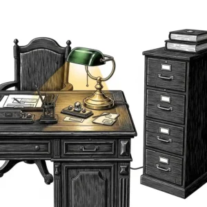 Illustration of a vintage-style office desk and file cabinet, evoking a timeless aesthetic.
