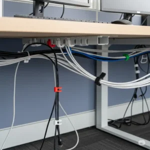 Depiction of cable clips and ties neatly organizing computer wires and charging cords under a cubicle desk, showcasing effective cable management as a vital office cubicle accessories.