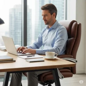 Professional comfortably working at a desk in a supportive genuine leather office chair.