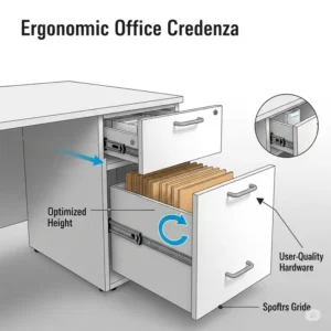 An illustration showing ergonomic considerations for an office credenza with file drawers that are easily accessible.