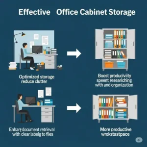 Illustrative guide displaying various material and finish options for a credenza office, including wood, laminate, and metal, to match aesthetic preferences.