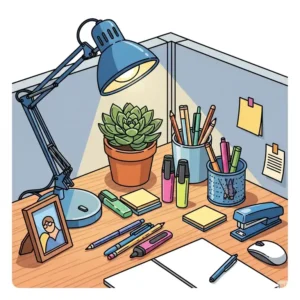Illustration featuring common accessories found on a cube office desk, such as a lamp, plant, and stationery.