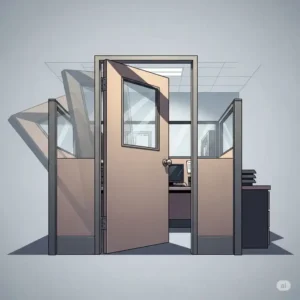 Animated illustration showing an office cubicle door smoothly opening and closing.