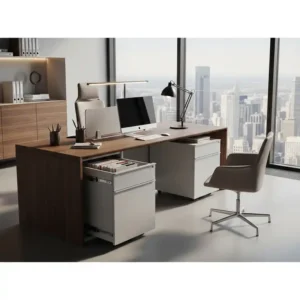 Illustration showcasing a luxurious executive office desk and file cabinet drawers, highlighting a sophisticated and streamlined workspace.