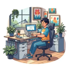 Illustration of a happy individual working comfortably and efficiently at their newly installed custom office desk.