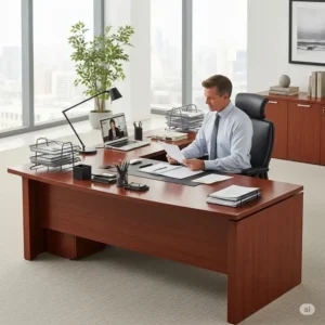 Professional utilizing an L-shaped executive office desk, demonstrating its practical use for daily tasks and meetings.