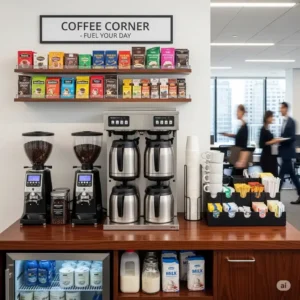 A comprehensive office coffee station featuring a high-capacity office coffee brewers, accessories, and supplies, suitable for a bustling corporate environment.
