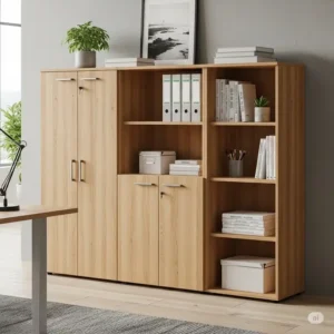 An office cabinet storage unit featuring a combination of closed compartments and open shelving for easy access and display of office essentials.