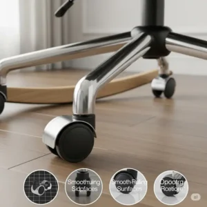 Detailed view of the smooth-rolling caster wheels on an office chair rocker, suitable for various floor types.