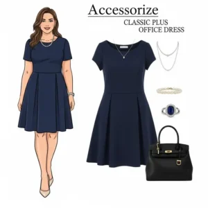 Illustration demonstrating how to accessorize a classic plus size office dresses for a polished and complete look.