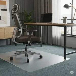 Underside of an office chair mat for carpeted floors polycarbonate with an array of carpet grippers for secure placement and no-slip stability.