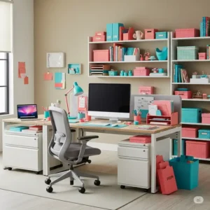 A complete modern office setup featuring various poppin office supplies and furniture for a productive environment.