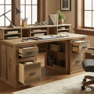 A rustic office desk with integrated storage solutions, such as drawers or shelves, for organizing office supplies.