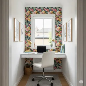 Compact office nook enhanced by an accent wallpaper, demonstrating effective small space office decor solutions.