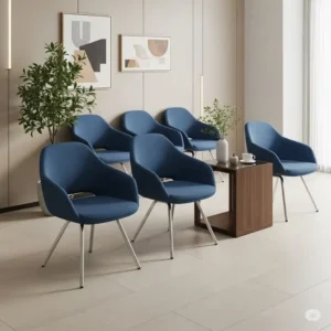 Illustration of a complete set of stylish office waiting room furniture, including contemporary office waiting room chairs, a side table, and subtle decor elements.