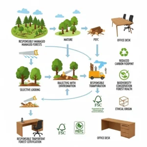 Diagram illustrating the process of sustainably sourcing wood for office desk, emphasizing responsible forestry practices and environmental certifications.