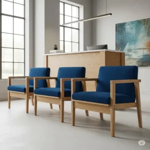 Stylish office reception chairs with sturdy wood frames, blending classic design with modern comfort for a welcoming reception area.