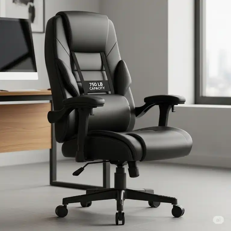 A black, heavy-duty office chair with a 750 lb capacity, designed for big and tall users, showcasing its ergonomic features.