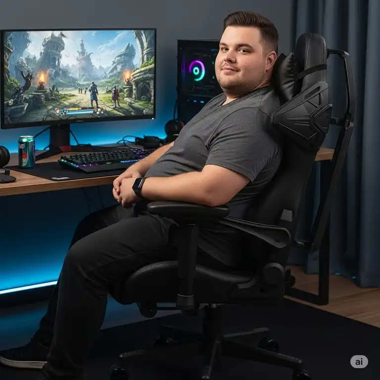 A wide man sits in the best gaming chair for big guys, which is an ergonomic, black chair, positioned in front of a computer monitor.