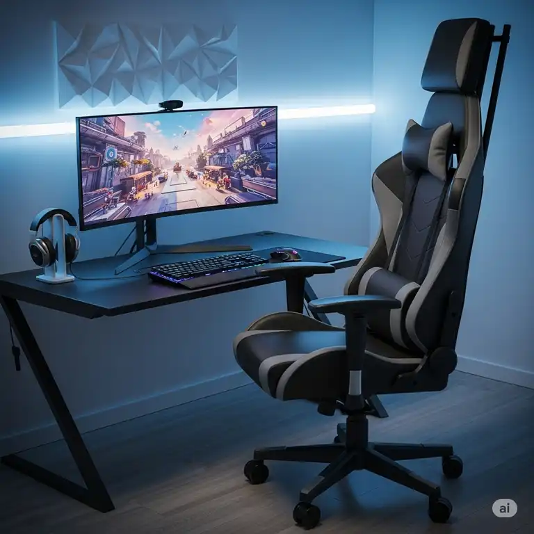 An ergonomic, black and grey gaming chair designed for big and tall users, part of a high-tech setup. This is one of the top gaming chairs for big guys.