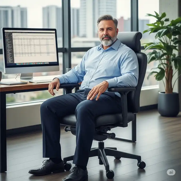 A professional image showing a man sitting comfortably in black, ergonomic big and tall office chairs 400 lbs.