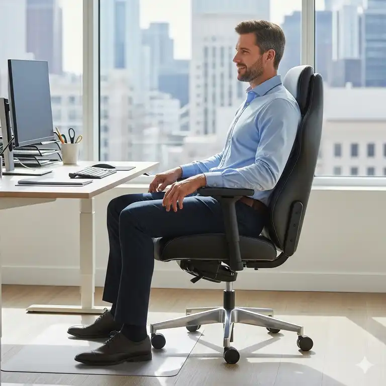 A tall man is sitting comfortably in a high-back office chair designed for chairs tall people, with his feet flat on the floor and knees at a 90-degree angle, demonstrating proper ergonomics.