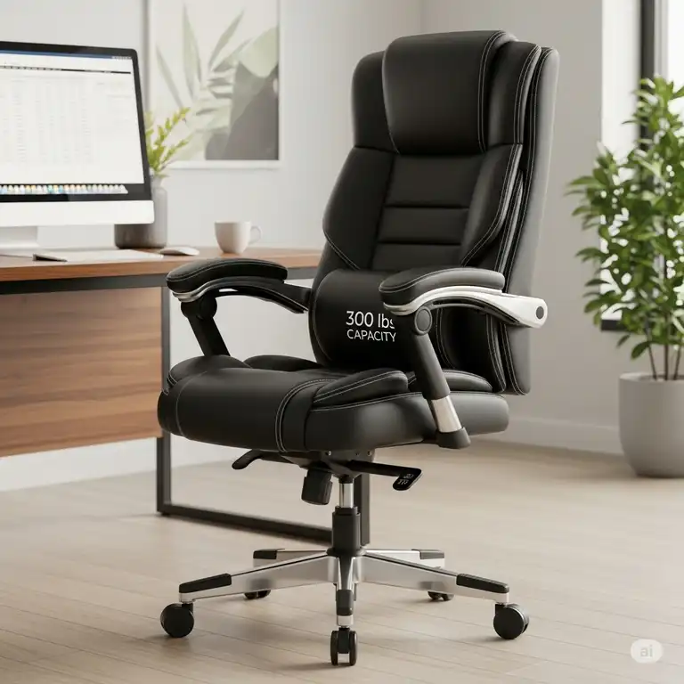 A heavy-duty office desk chair with a 300 lbs weight capacity, featuring ergonomic design and thick padded support for comfort.