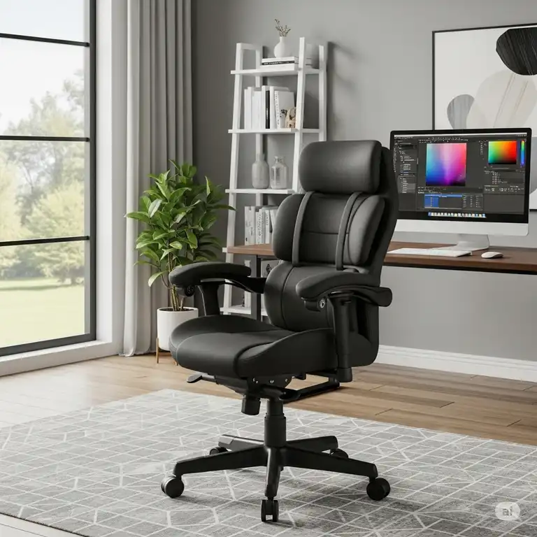 heavy-duty black ergonomic desk chair for a large person, featuring thick cushioning, adjustable lumbar support, and wide armrests in a modern home office setting.